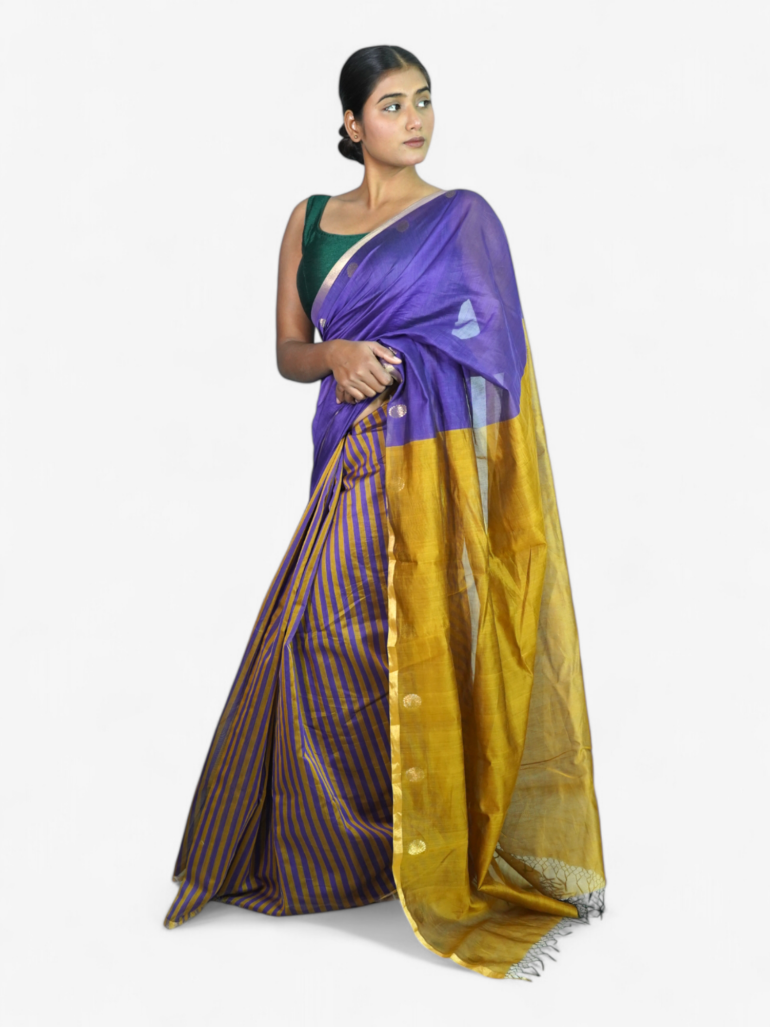 Orchid Glow – Chanderi Cotton Silk Saree with Stripes & Dot Detailing - Kozylook